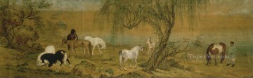  horses Oil Painting - Lang shining horses in countryside antique Chinese